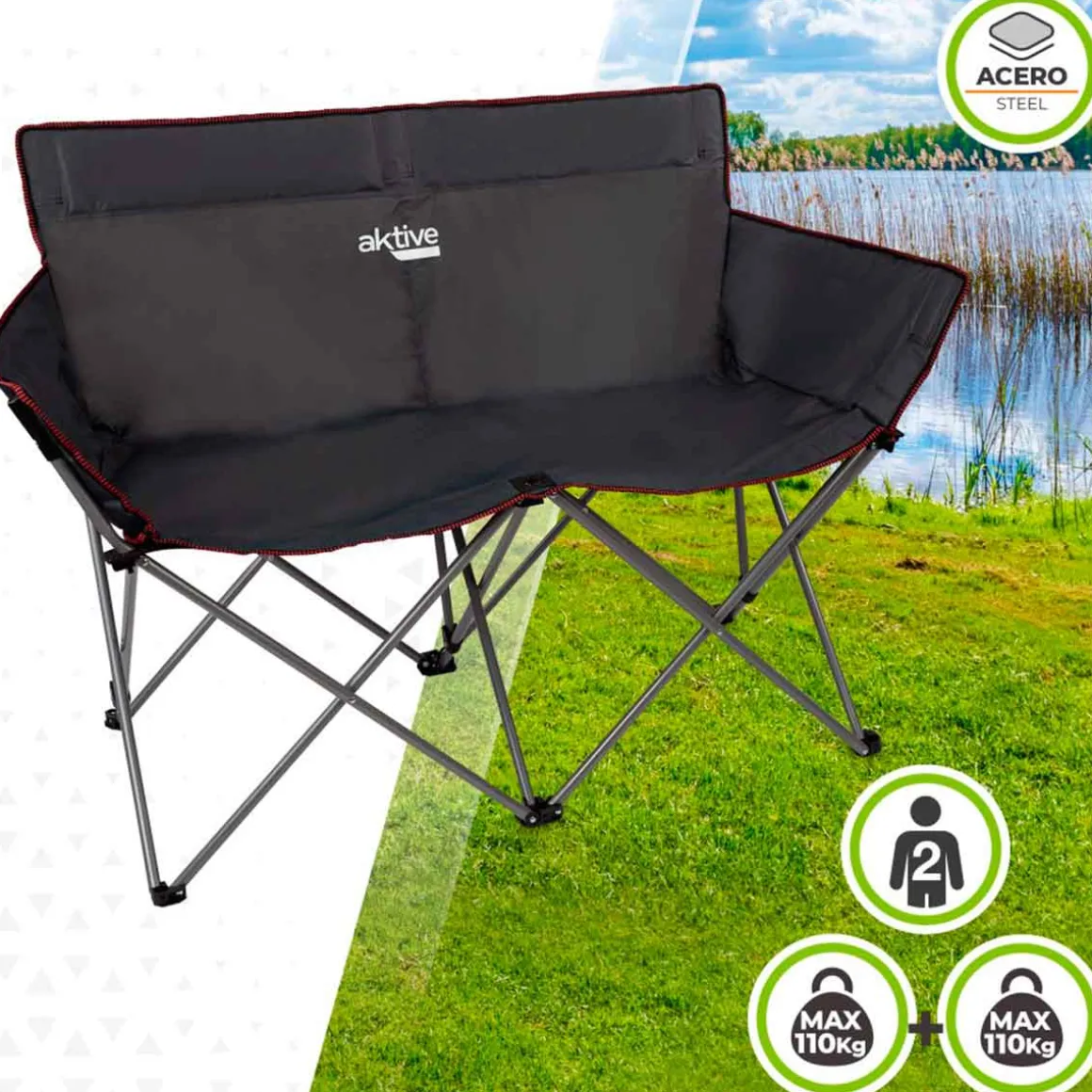 Silla de camping doble Aktive plegable negro 88x121x63 cm