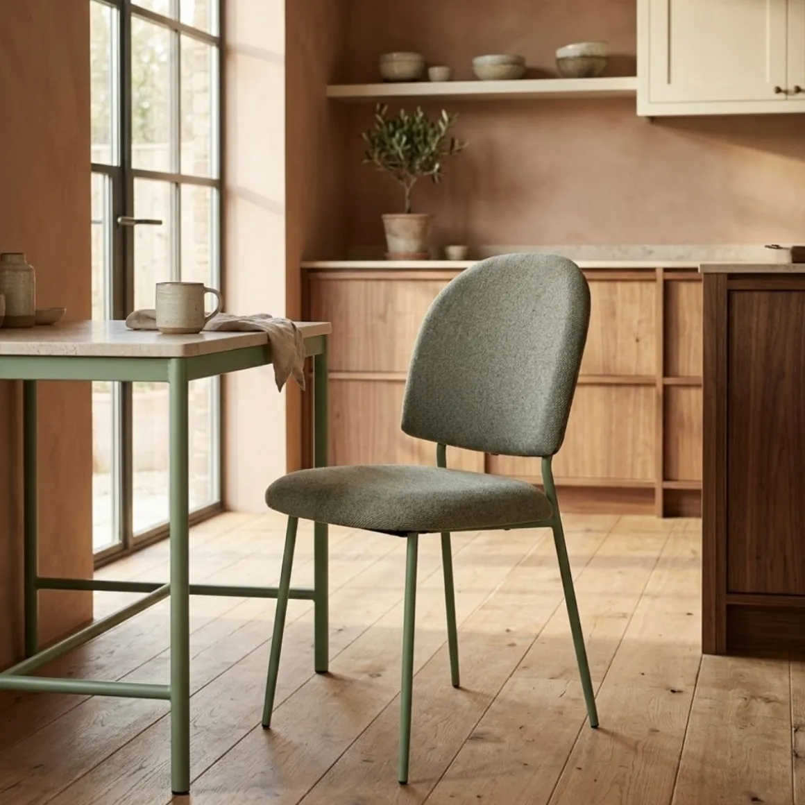 Silla de comedor Kamili redondeada patas acero 84x43x57 cm