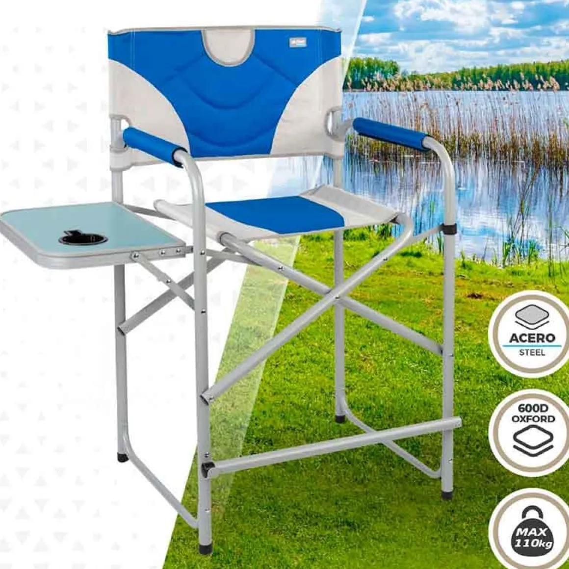 Silla de director XL Aktive plegable con mesa lateral azul/blanco 103x60x57 cm
