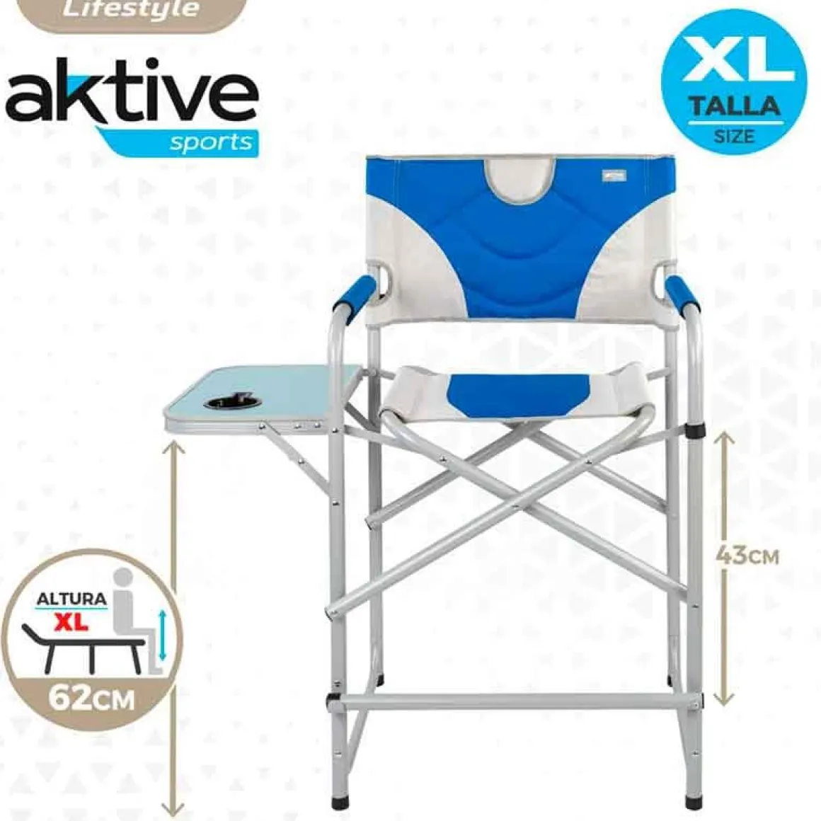 Silla de director XL Aktive plegable con mesa lateral azul/blanco 103x60x57 cm