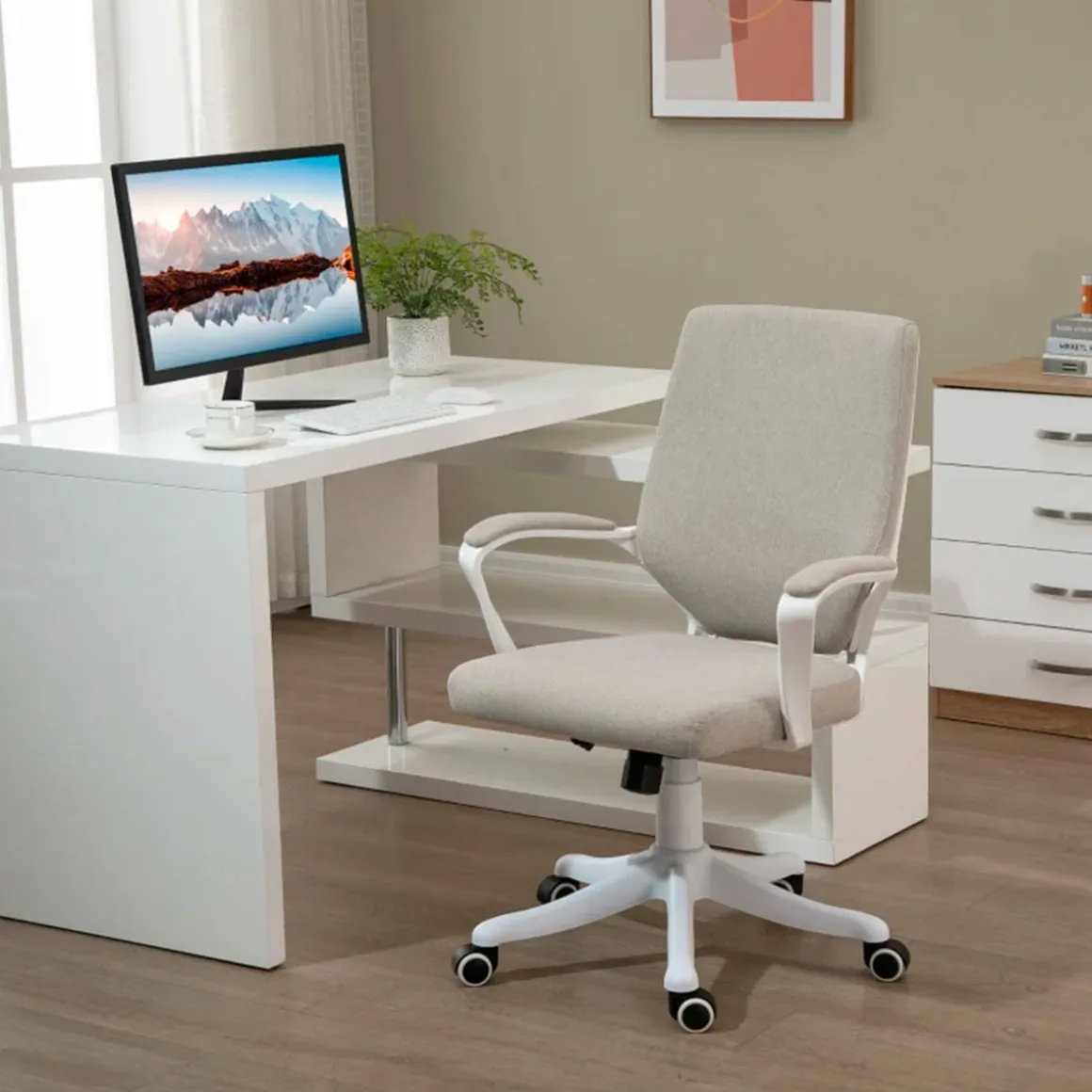 Silla de escritorio Lary Vinsetto basculante con reposabrazos beige 92-100x64x52 cm