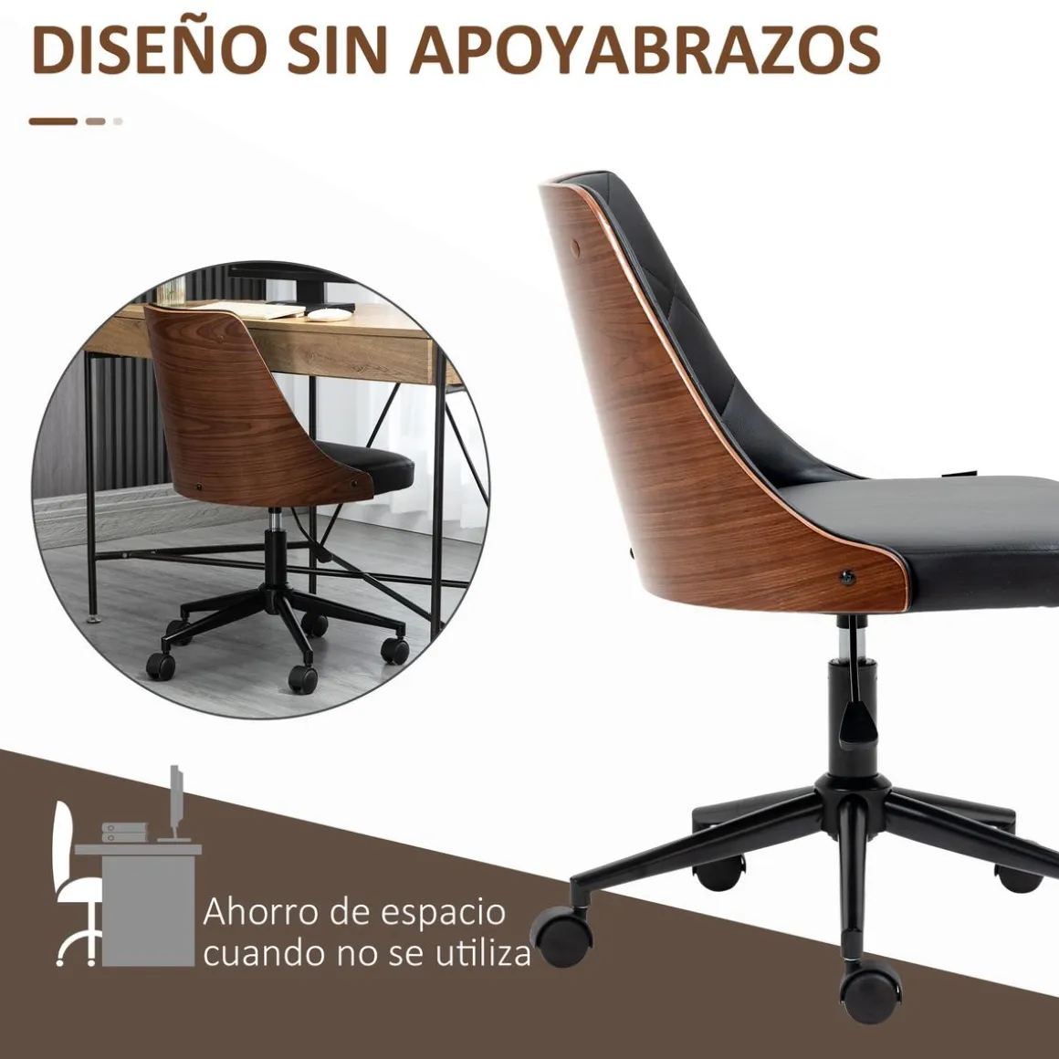 Silla de escritorio Tulipán Vinsetto basculante altura regulable negro/marrón 77-87x53x62 cm