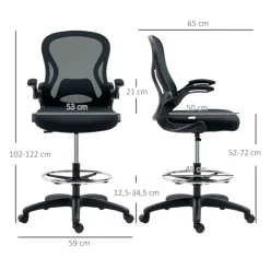 Silla de escritorio Vinsetto giratoria con soporte lumbar + reposapiés + reposabrazos negro 102-122x59x65 cm