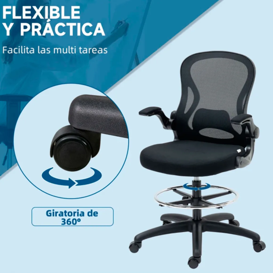 Silla de escritorio Vinsetto giratoria con soporte lumbar + reposapiés + reposabrazos negro 102-122x59x65 cm