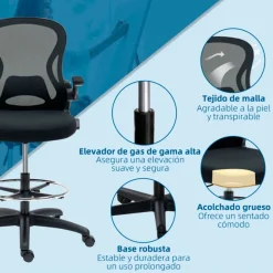 Silla de escritorio Vinsetto giratoria con soporte lumbar + reposapiés + reposabrazos negro 102-122x59x65 cm