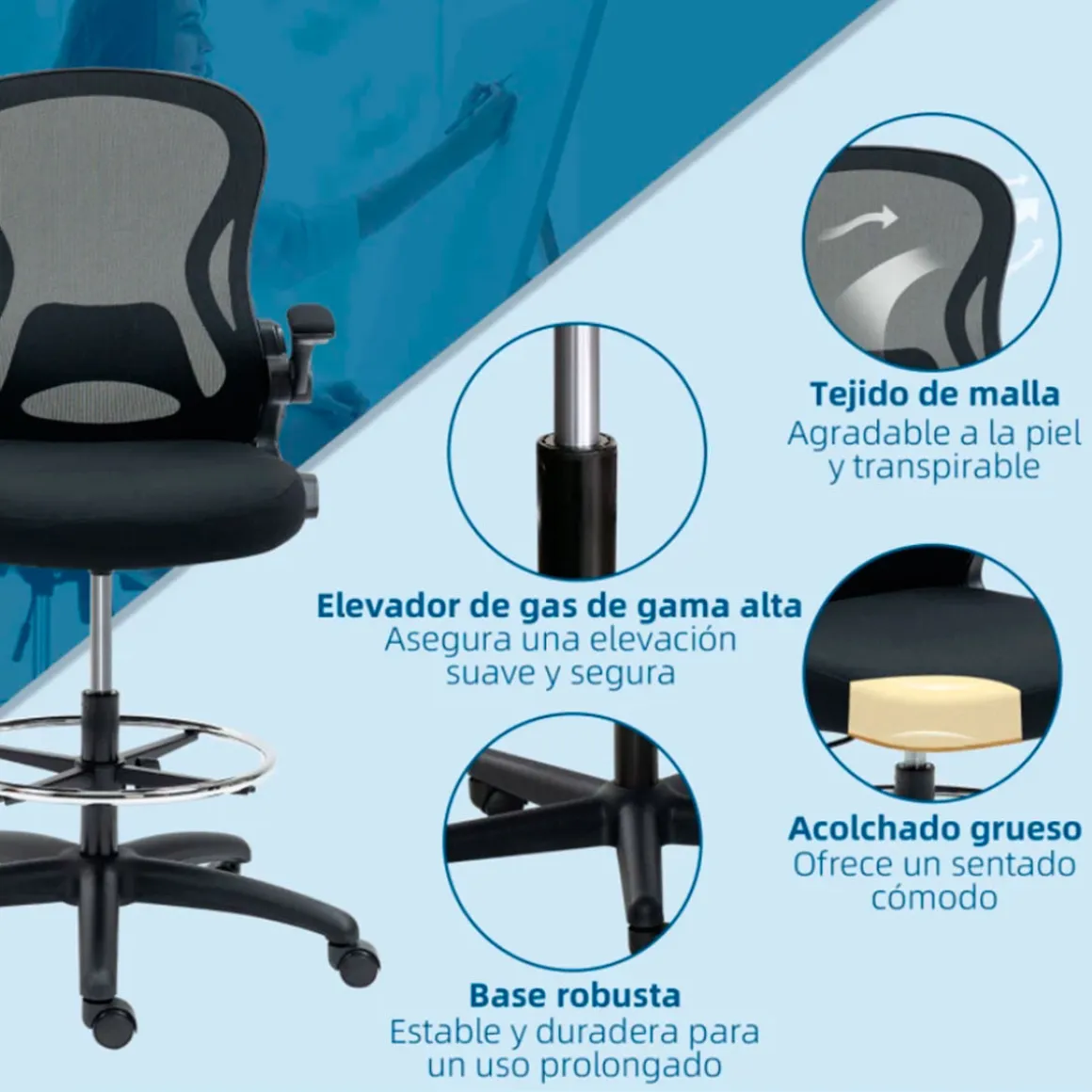 Silla de escritorio Vinsetto giratoria con soporte lumbar + reposapiés + reposabrazos negro 102-122x59x65 cm