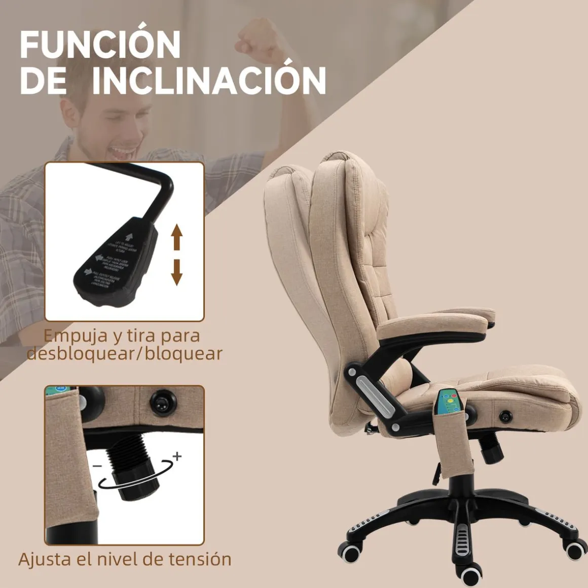 Silla de oficina Arthur Vinsetto altura regulable y función masaje beige 107-116x67x74 cm