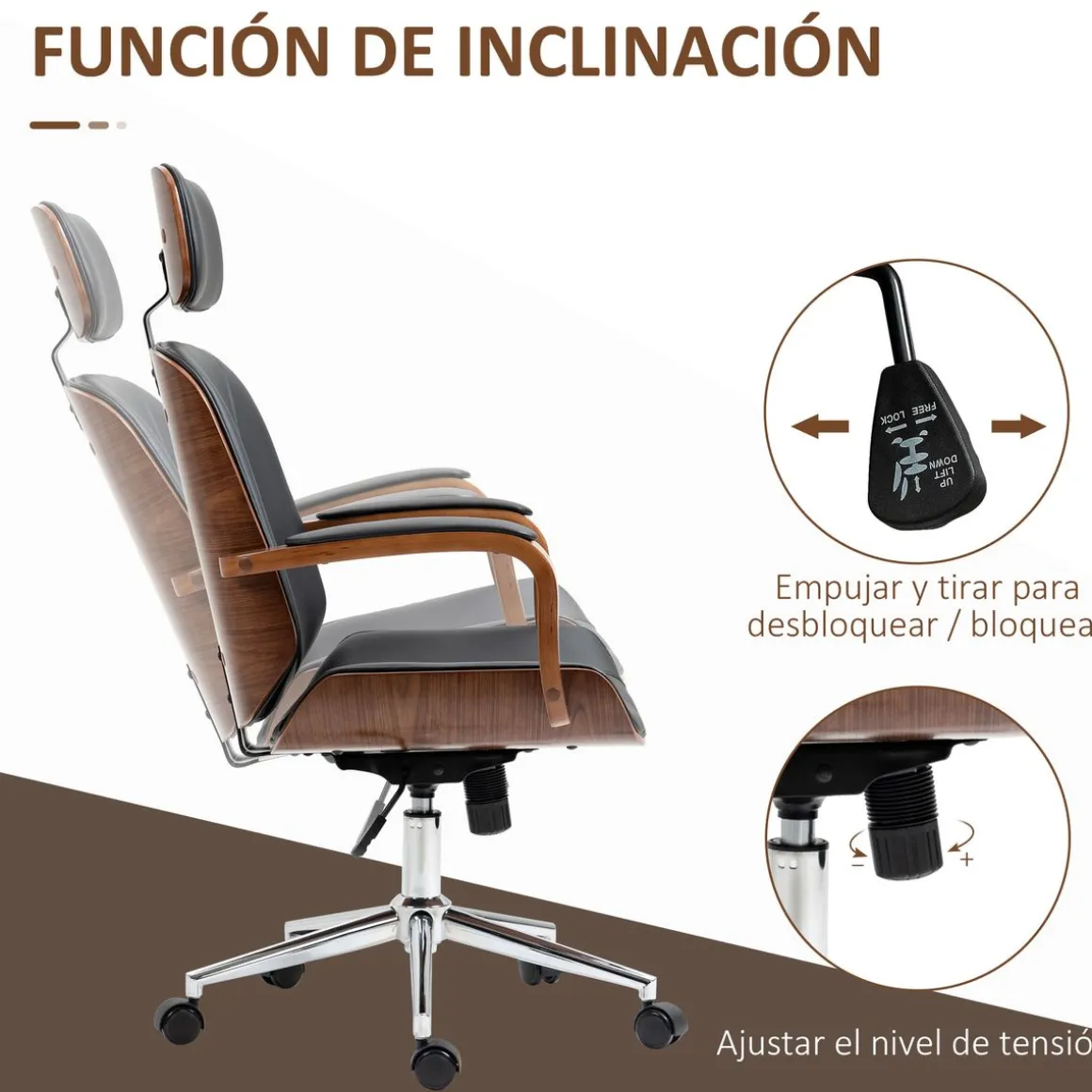Silla de oficina Cactus Vinsetto basculante + reposacabezas extraíble negro 110-120x62x63 cm