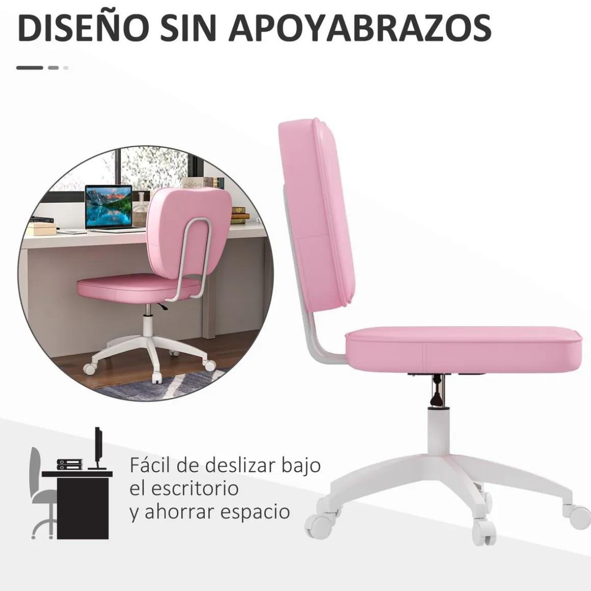 Silla de oficina Cherry Vinsetto altura regulable + ruedas rosa 82-92x46x59 cm