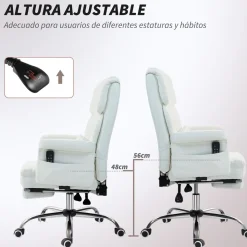 Silla de oficina Confort Homcom reclinable + 6 puntos de masaje + reposapiés retráctil blanco 107-115x69x65 cm