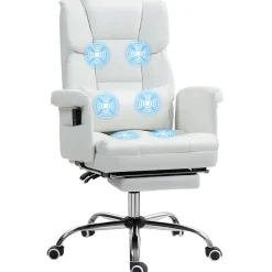 Silla de oficina Confort Homcom reclinable + 6 puntos de masaje + reposapiés retráctil blanco 107-115x69x65 cm