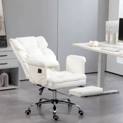 Silla de oficina Confort Homcom reclinable + 6 puntos de masaje + reposapiés retráctil blanco 107-115x69x65 cm