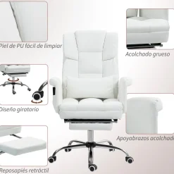 Silla de oficina Confort Homcom reclinable + 6 puntos de masaje + reposapiés retráctil blanco 107-115x69x65 cm