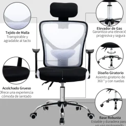 Silla de oficina Farlow Vinsetto altura ajustable + reposacabezas 108-118x62x67 cm