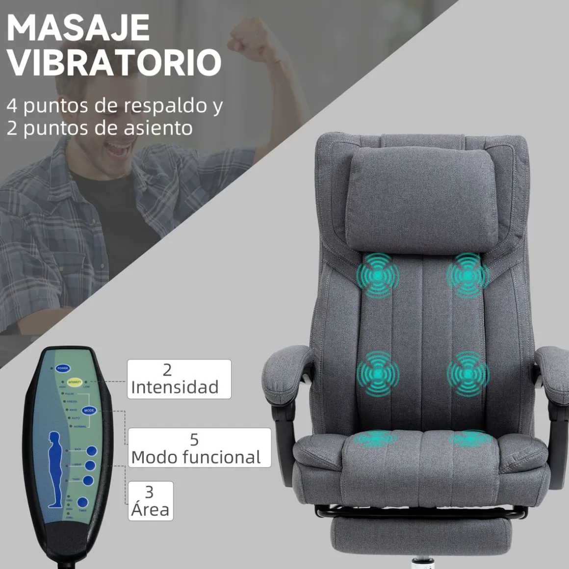Silla de oficina Ficus Vinsetto 5 modos de masaje 3 áreas reclinable gris 105-113x61x65 cm