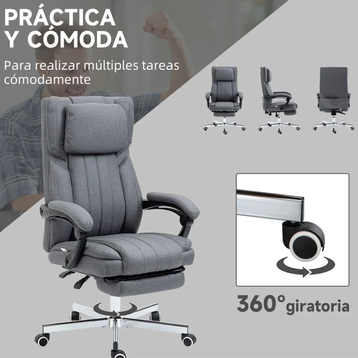 Silla de oficina Ficus Vinsetto 5 modos de masaje 3 áreas reclinable gris 105-113x61x65 cm