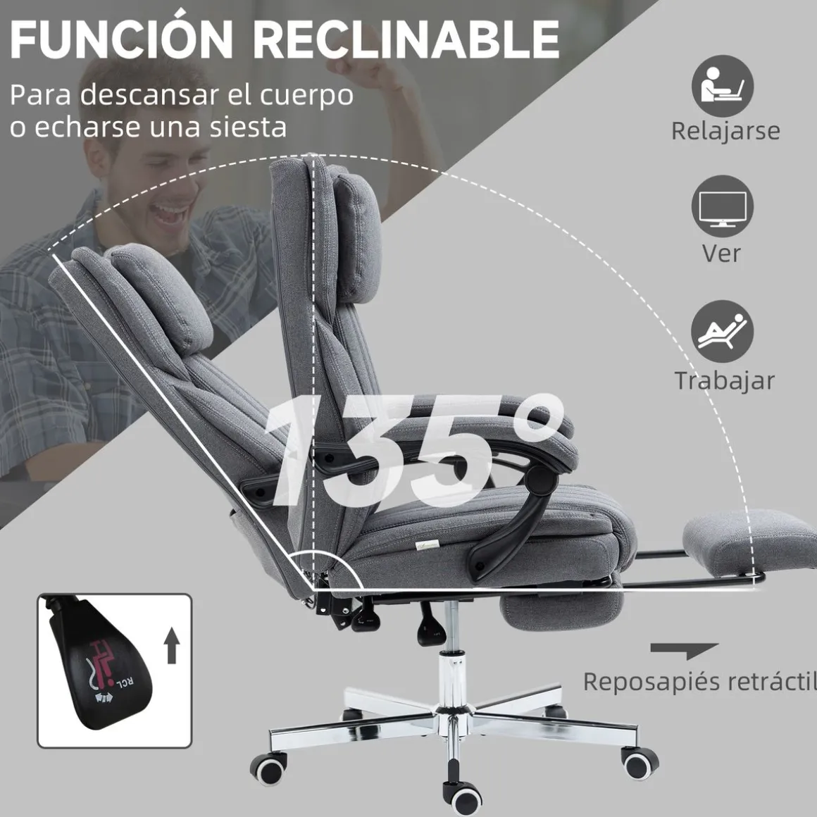Silla de oficina Ficus Vinsetto 5 modos de masaje 3 áreas reclinable gris 105-113x61x65 cm