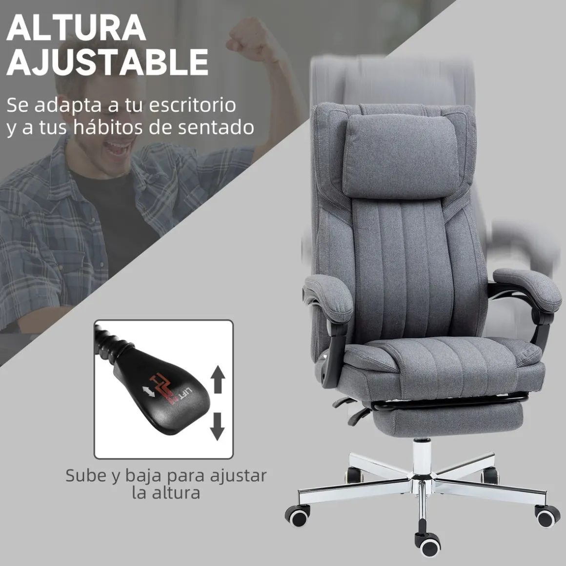 Silla de oficina Ficus Vinsetto 5 modos de masaje 3 áreas reclinable gris 105-113x61x65 cm