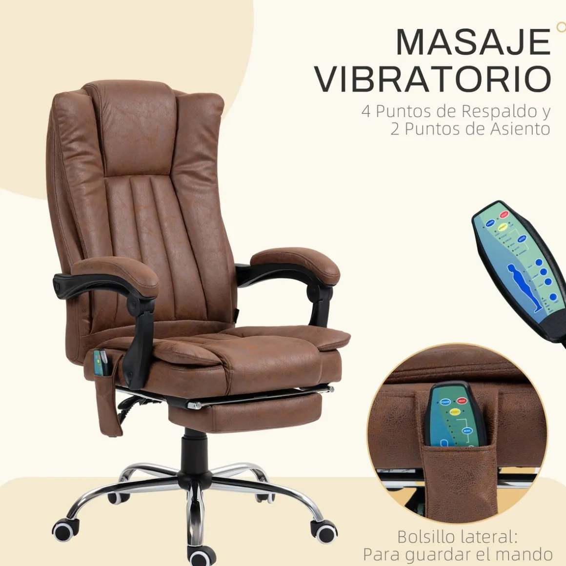 Silla de oficina Helecho Vinsetto 6 puntos de masaje + reposapiés + mando marrón 113-120x62x70 cm