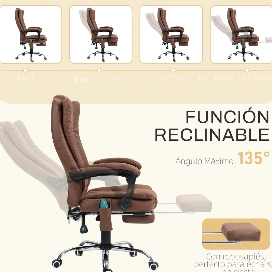 Silla de oficina Helecho Vinsetto 6 puntos de masaje + reposapiés + mando marrón 113-120x62x70 cm