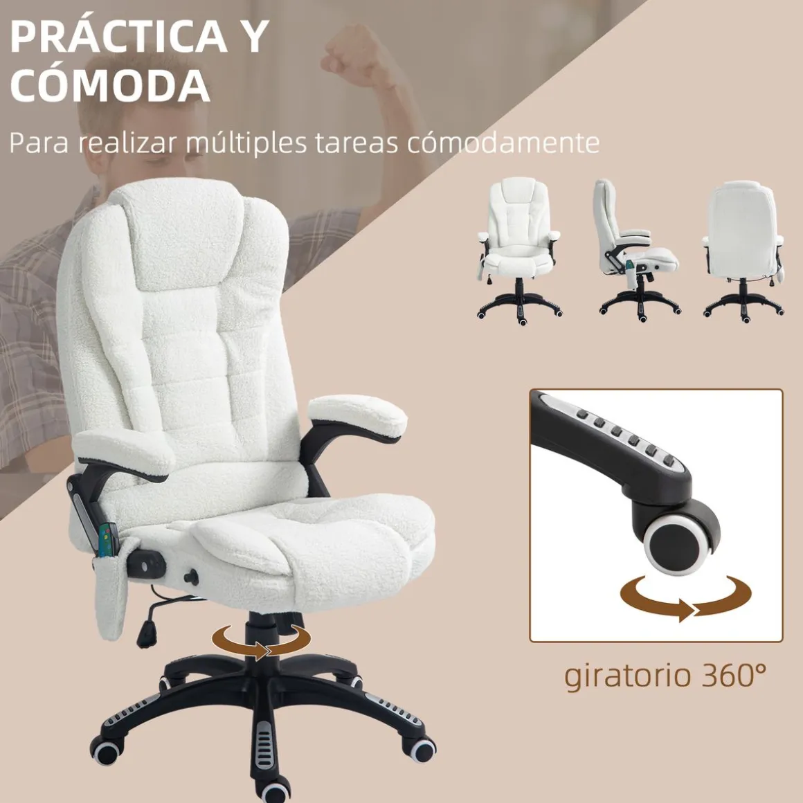 Silla de oficina Kleta Vinsetto con masaje + calefacción blanco 107-116x67x74 cm