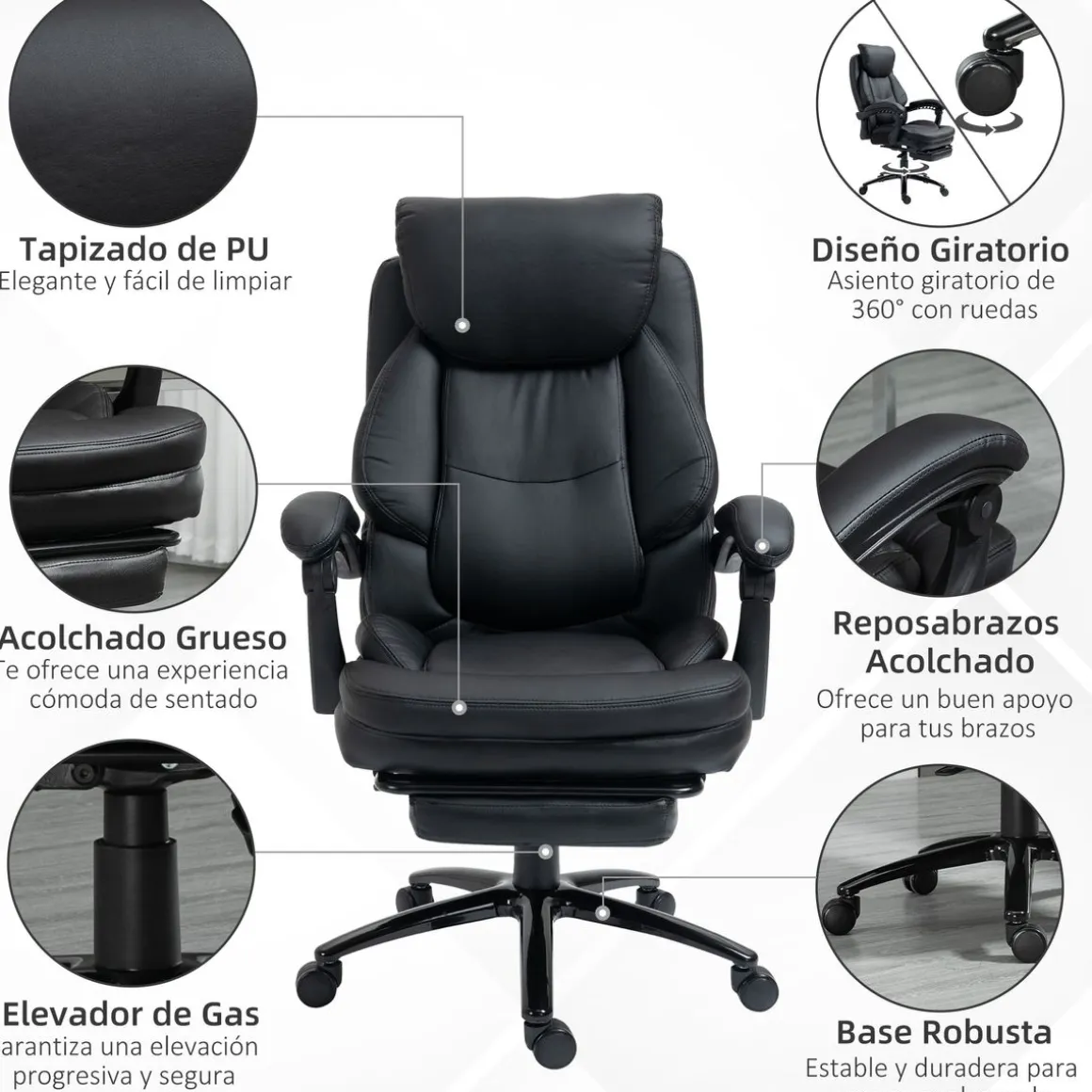 Silla de oficina Kolma Vinsetto altura ajustable respaldo inclinable negro 112-118x73x66 cm