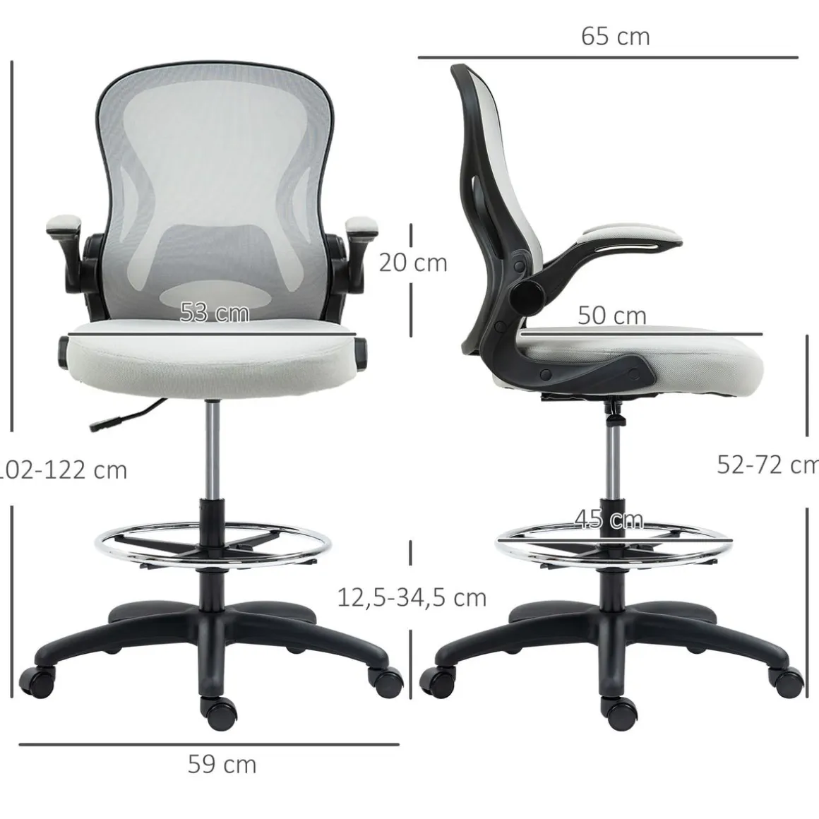 Silla de oficina Mike altura regulable + soporte lumbar + reposapiés blanco 102-122x59x65 cm