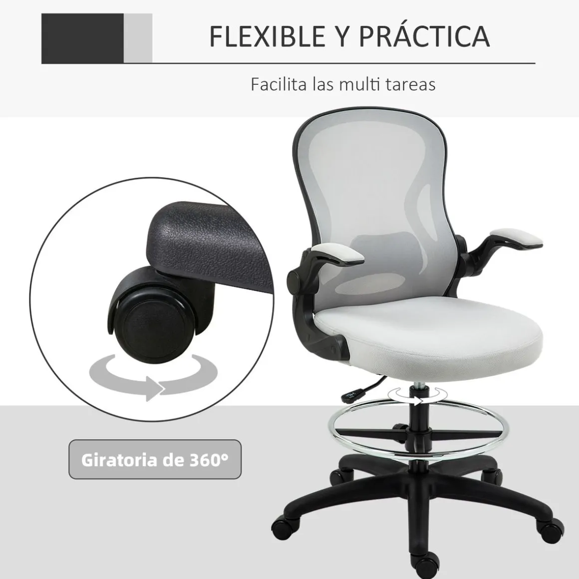 Silla de oficina Mike altura regulable + soporte lumbar + reposapiés blanco 102-122x59x65 cm