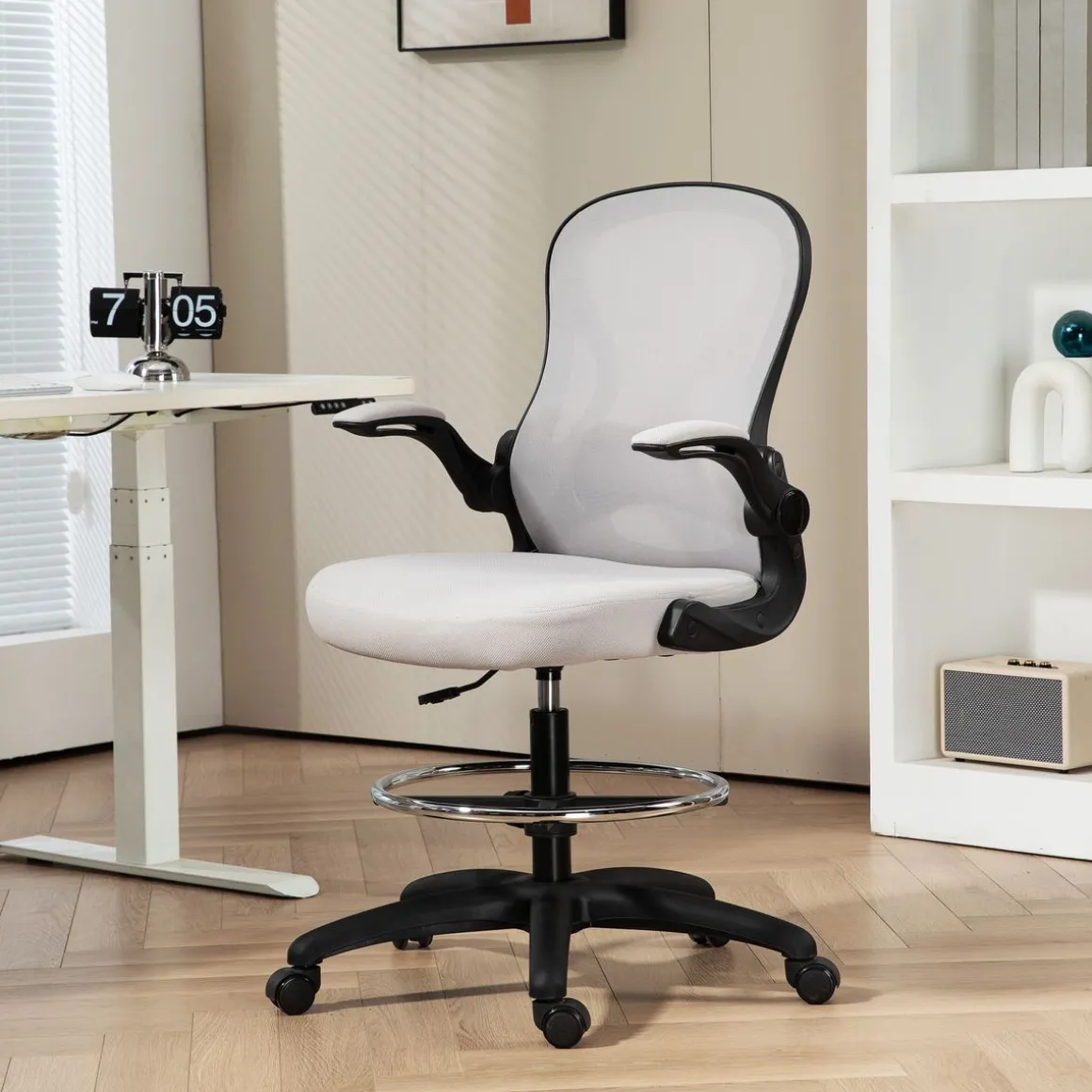 Silla de oficina Mike altura regulable + soporte lumbar + reposapiés blanco 102-122x59x65 cm