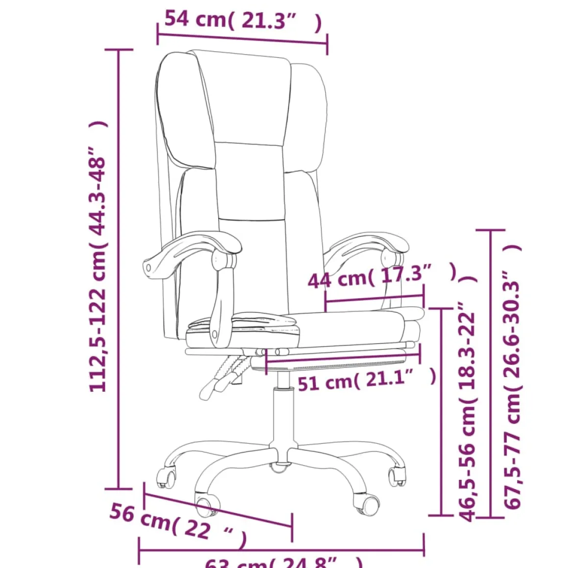 Silla de oficina Nusar reclinable con reposapiés 112,5-122x63x56 cm