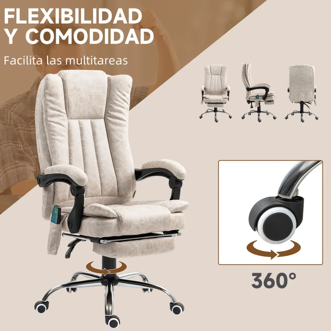 Silla de oficina Orquídea Vinsetto 6 puntos de masaje + calefacción + reposapiés crema 113-120x70x62 cm