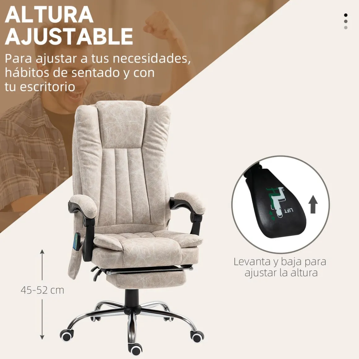 Silla de oficina Orquídea Vinsetto 6 puntos de masaje + calefacción + reposapiés crema 113-120x70x62 cm