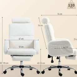 Silla de oficina Prisma Homcom reclinable tela borreguito blanco 107-115x67x74 cm