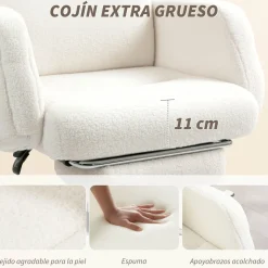 Silla de oficina Prisma Homcom reclinable tela borreguito blanco 107-115x67x74 cm