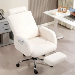 Silla de oficina Prisma Homcom reclinable tela borreguito blanco 107-115x67x74 cm