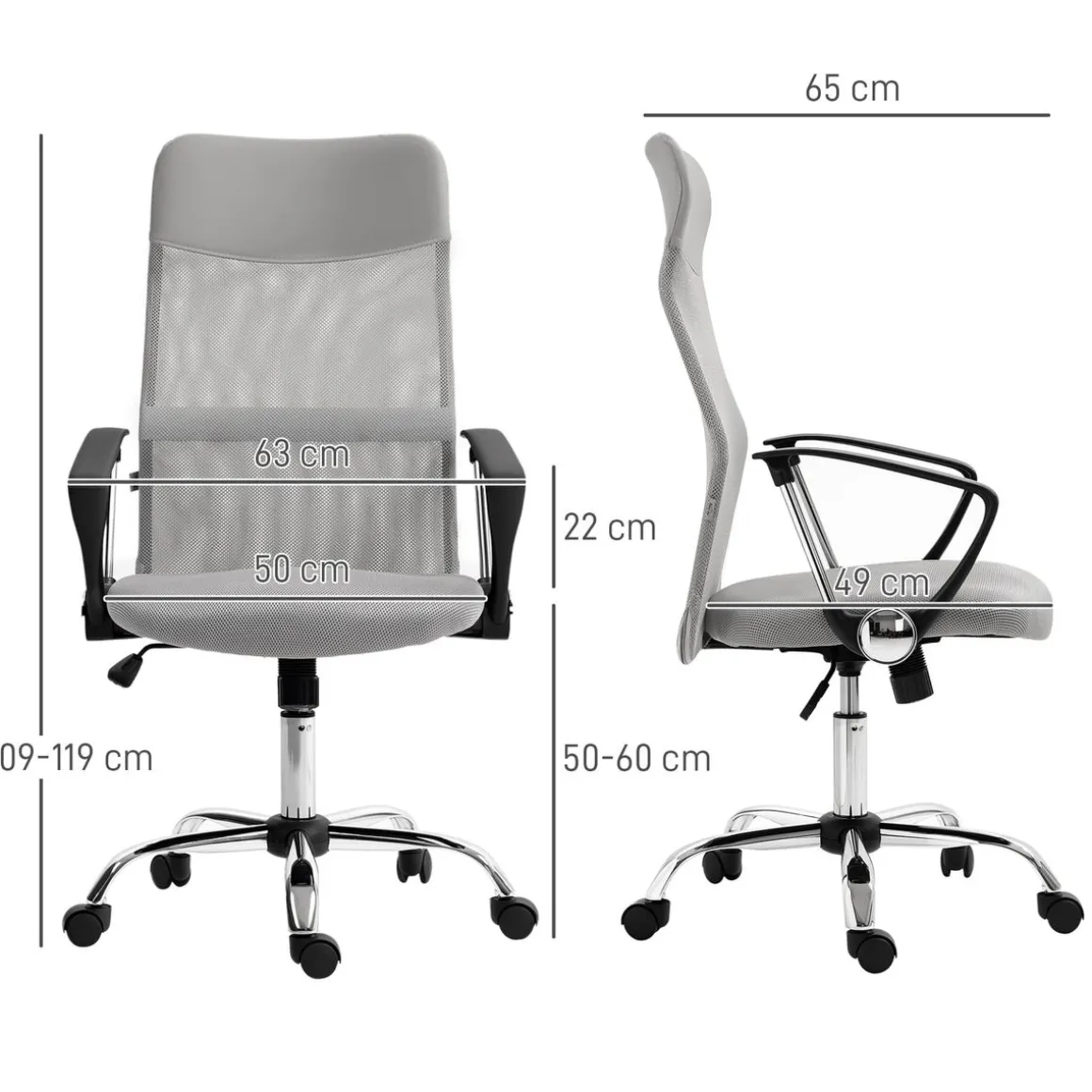 Silla de oficina Rex Homcom con respaldo alto 5 ruedas 109-119x50x64 cm
