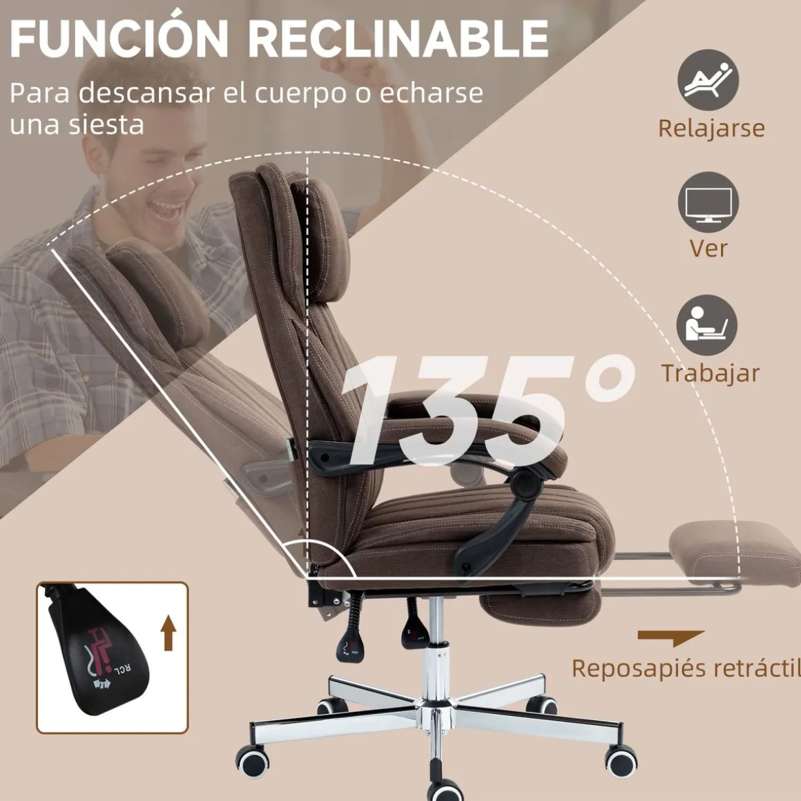 Silla de oficina Soft reclinable + 6 puntos de masaje + reposapiés retráctil 105-113x65x61 cm
