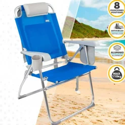 Silla de playa Aktive plegable con bolsillos+posavasos azul 99x61x63 cm