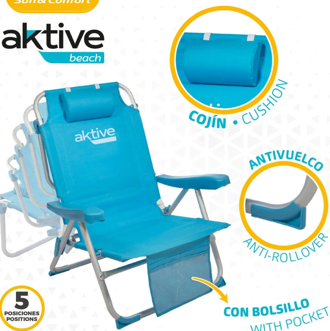 Silla de playa Aktive reclinable + reposacabezas + bolsillos azul