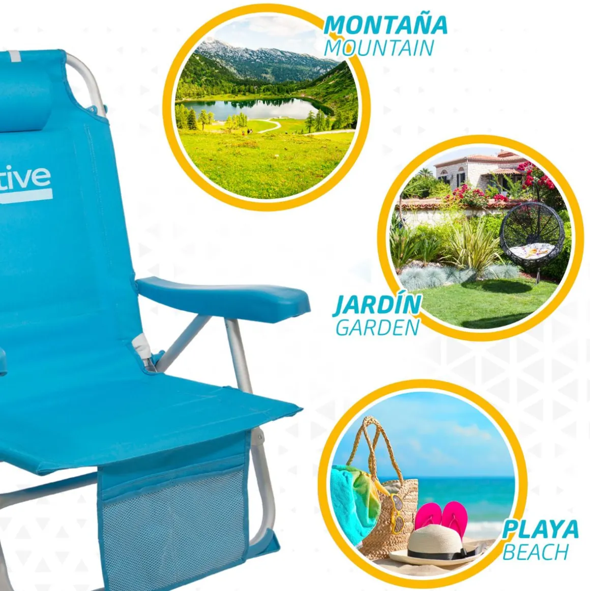 Silla de playa Aktive reclinable + reposacabezas + bolsillos azul