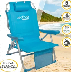 Silla de playa Aktive reclinable + reposacabezas + bolsillos azul