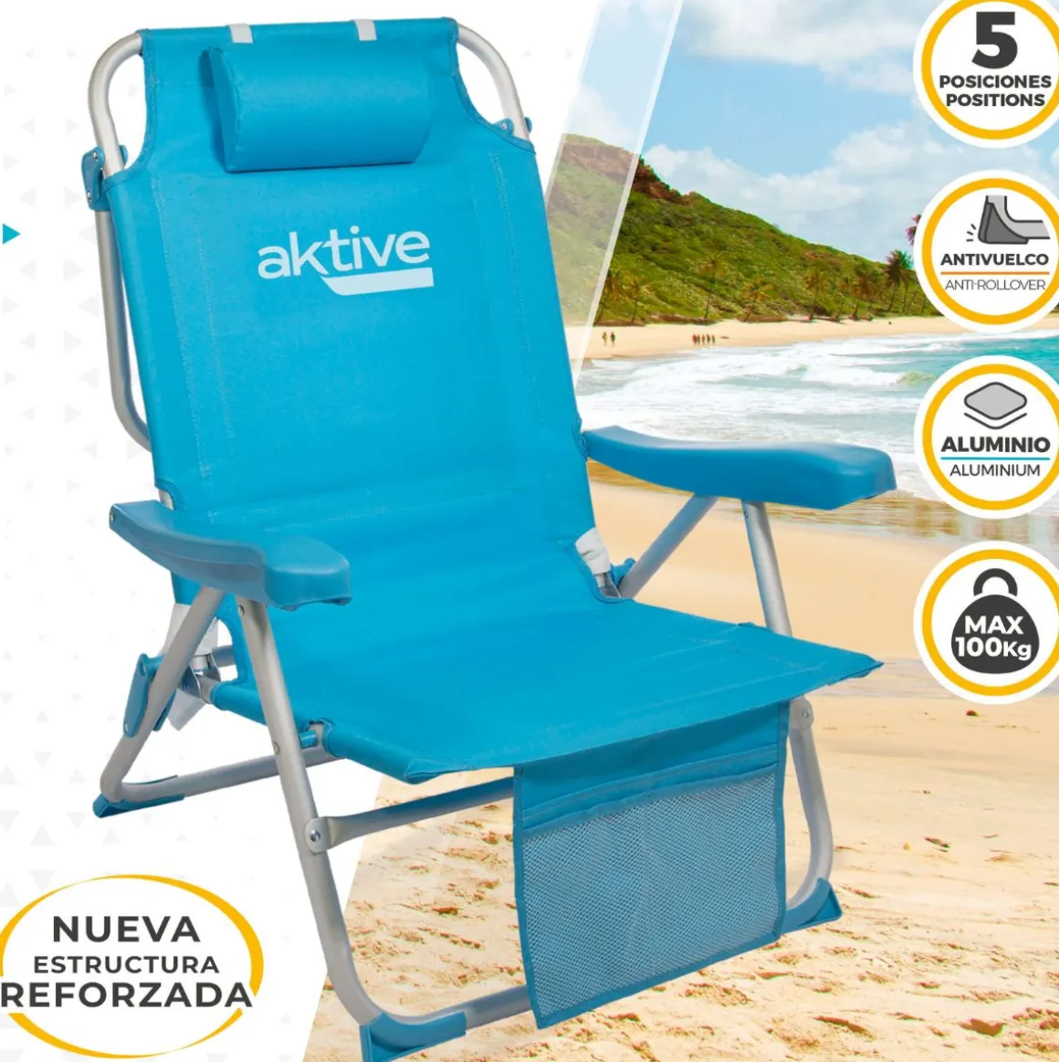 Silla de playa Aktive reclinable + reposacabezas + bolsillos azul