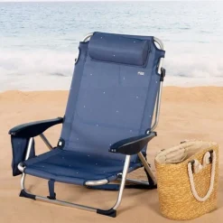 Silla de playa baja Aktive reclinable 4 posiciones + cojín azul 76x57x45 cm