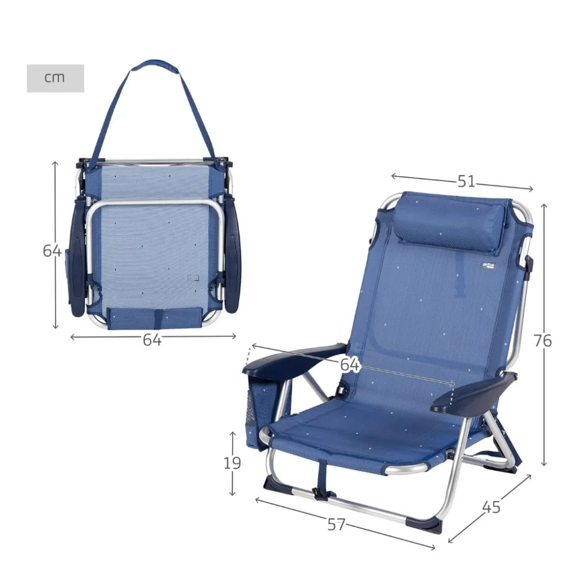 Silla de playa baja Aktive reclinable 4 posiciones + cojín azul 76x57x45 cm
