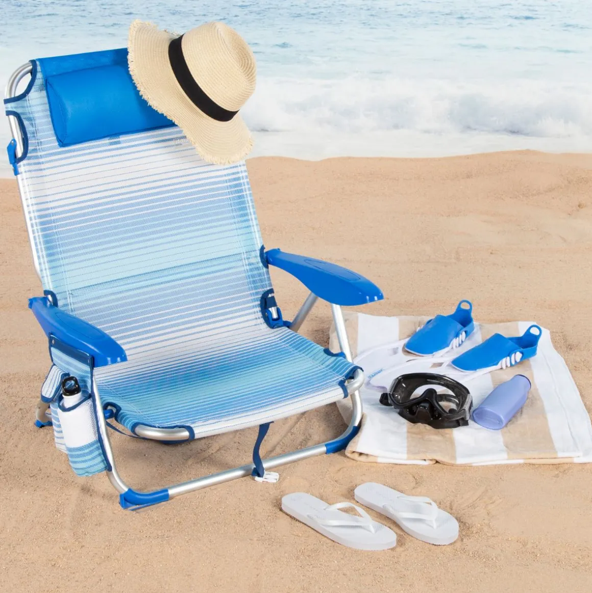 Silla de playa Mallorca Aktive cojín + bolsillos + asa azul claro