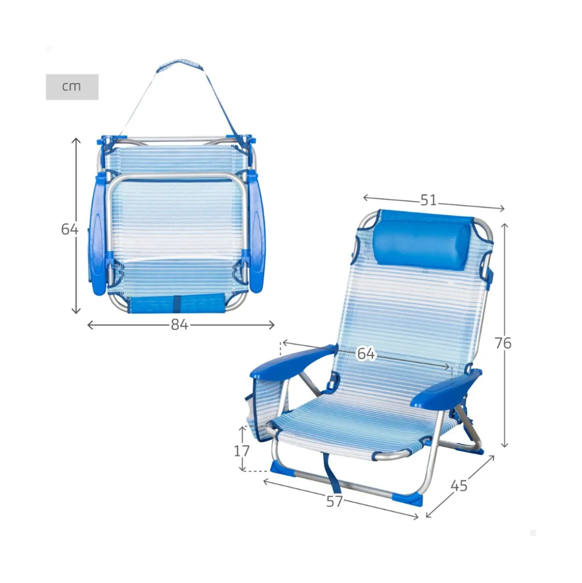 Silla de playa Mallorca Aktive cojín + bolsillos + asa azul claro