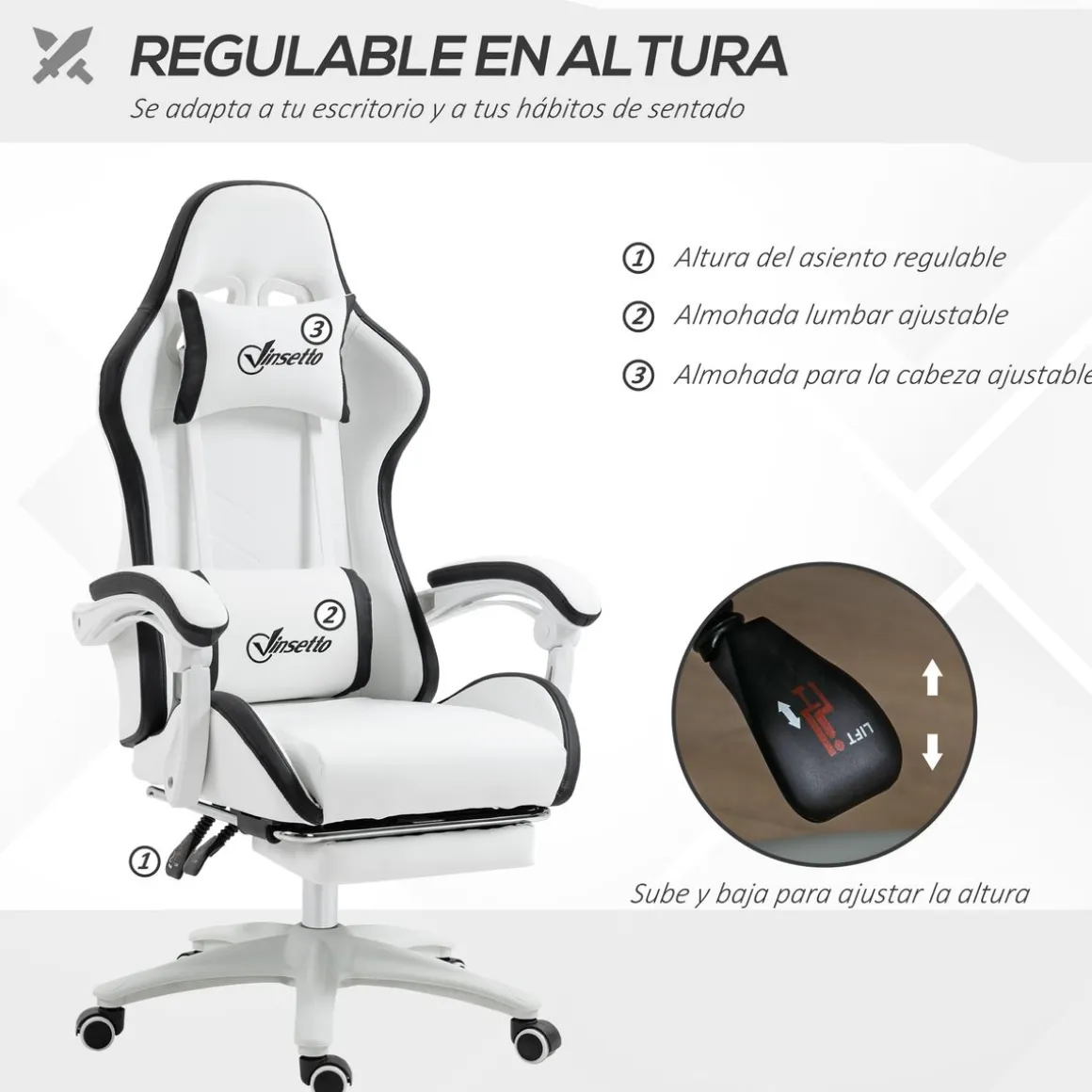 Silla gaming Blane Vinsetto altura regulable con reposapiés blanco 121-129x65x65 cm