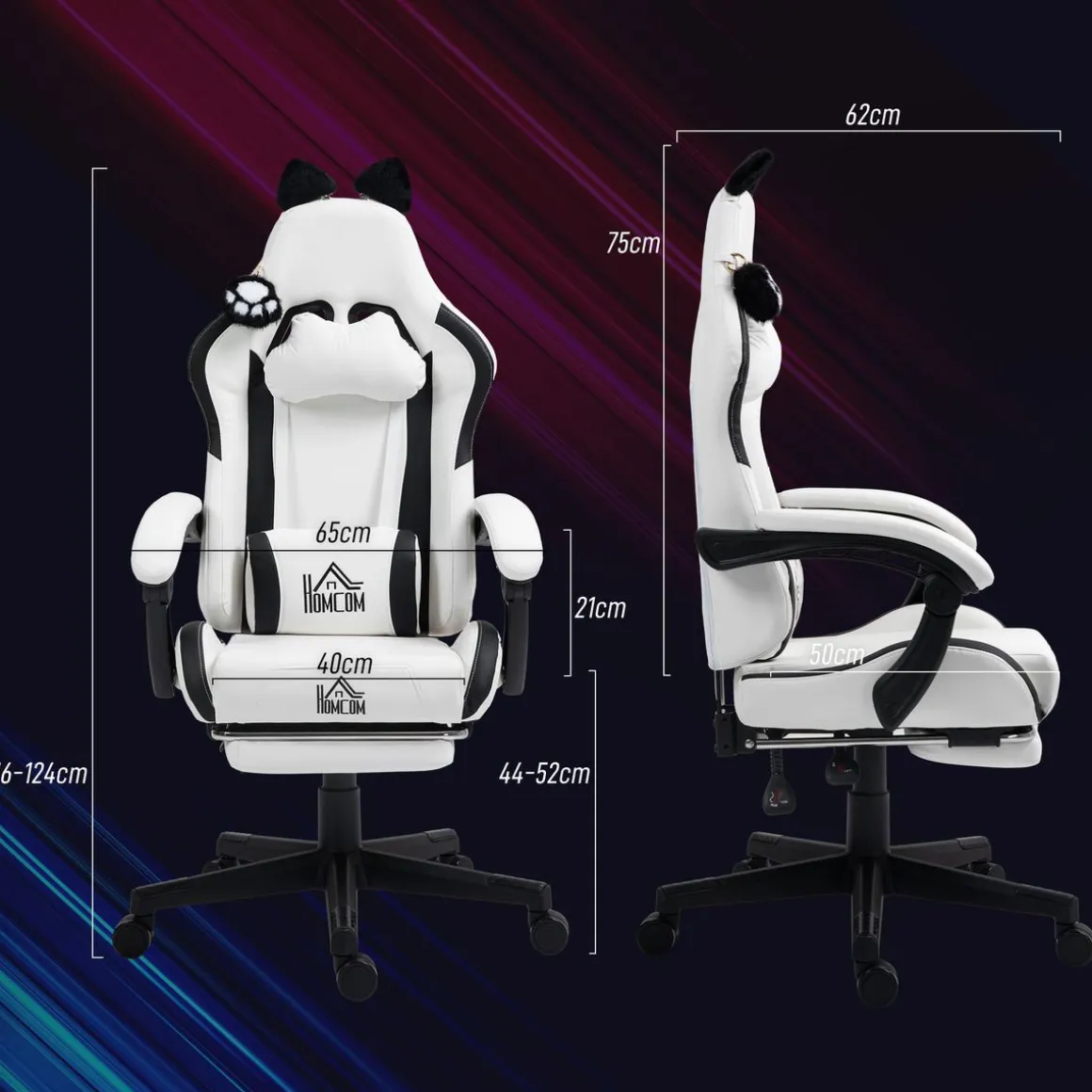 Silla gaming Cat Homcom 2 cojines + reposapiés 116-124x65x62 cm