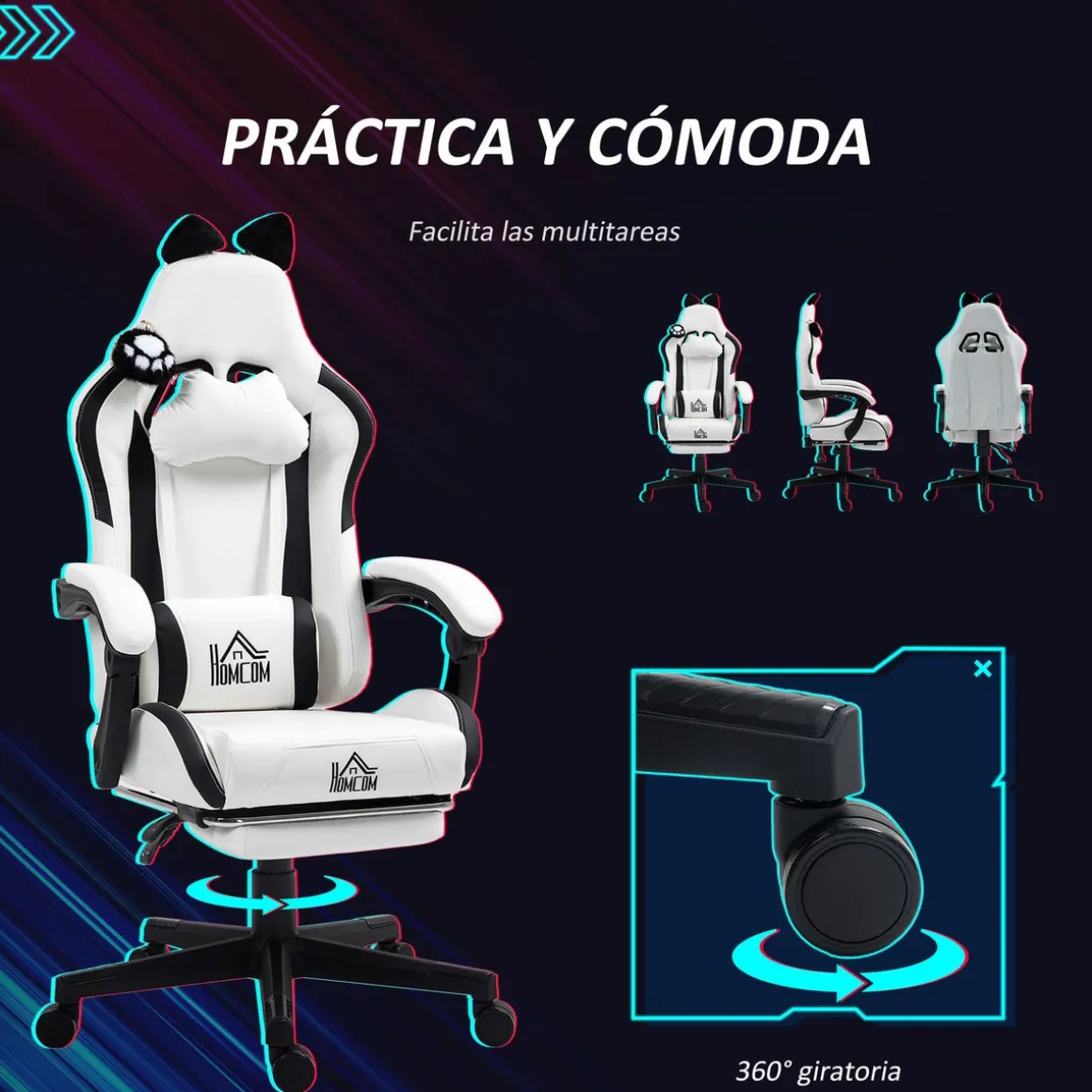 Silla gaming Cat Homcom 2 cojines + reposapiés 116-124x65x62 cm