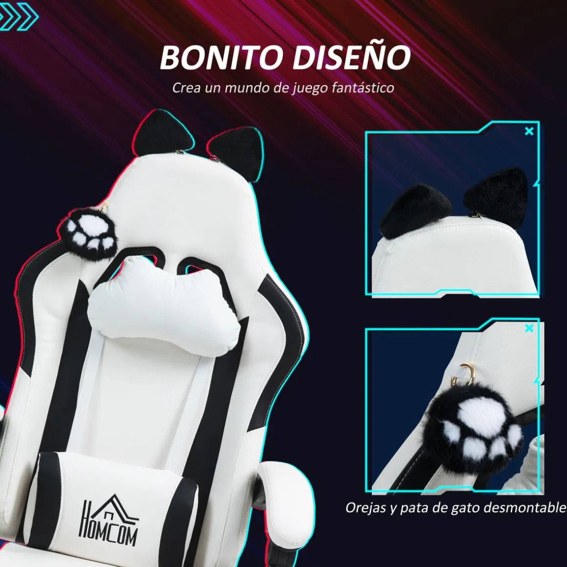 Silla gaming Cat Homcom 2 cojines + reposapiés 116-124x65x62 cm
